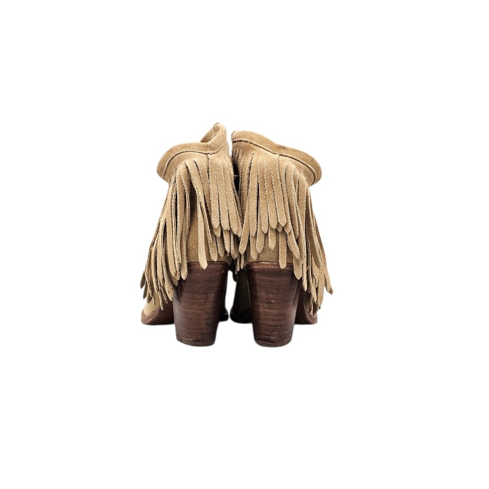 FRYE Womens Size 6.5 US EUC Llana Tan Suede Heeled Pull On Fringe Ankle Booties - Picture 4 of 8